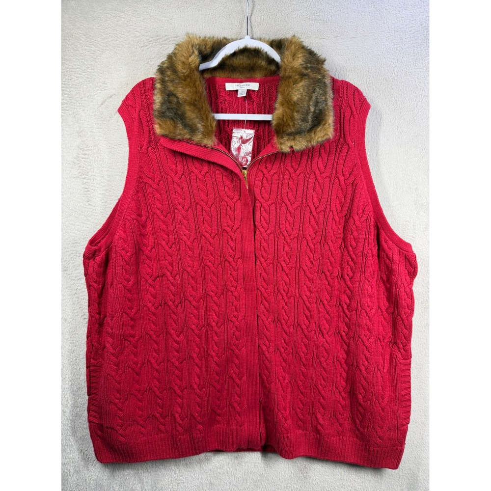Liz Claiborne Cableknit Vest Women 3X Red Faux Fur Collar Zip Holiday Winter